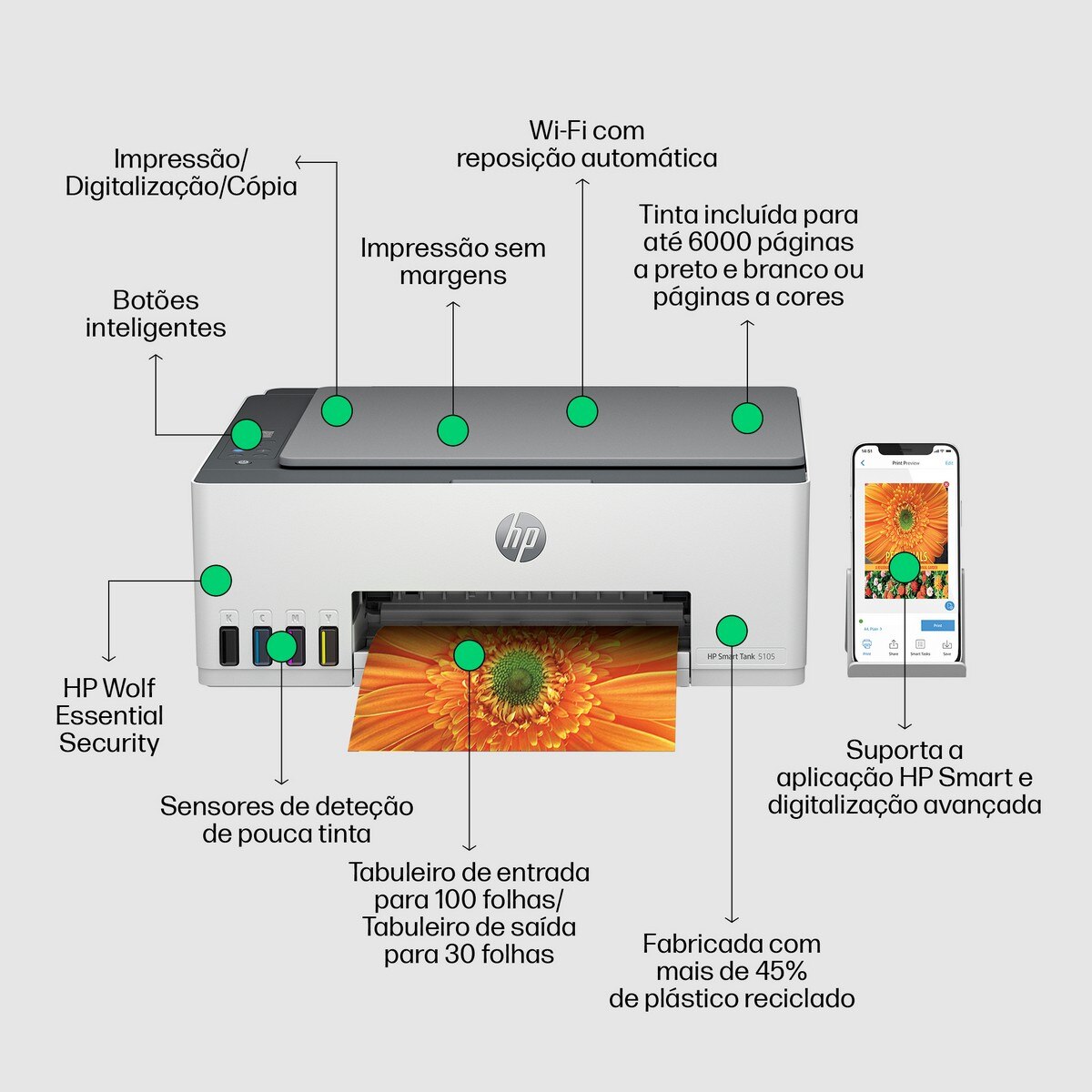 Impressora HP Smart Tank 5105 Reservatório de Tinta de Elevada Capacidade, Multifunções, Jato de Tinta e Wi-Fi 4