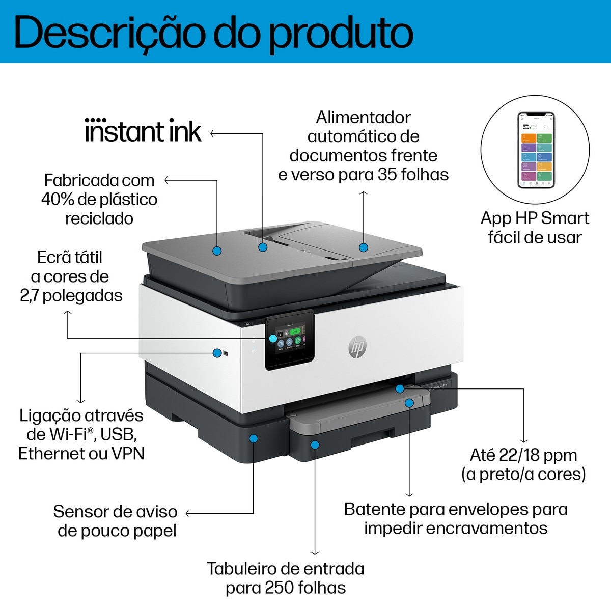 Impressora Multifuncional HP OfficeJet Pro 9122e, Fax, Wi-Fi Branco-3