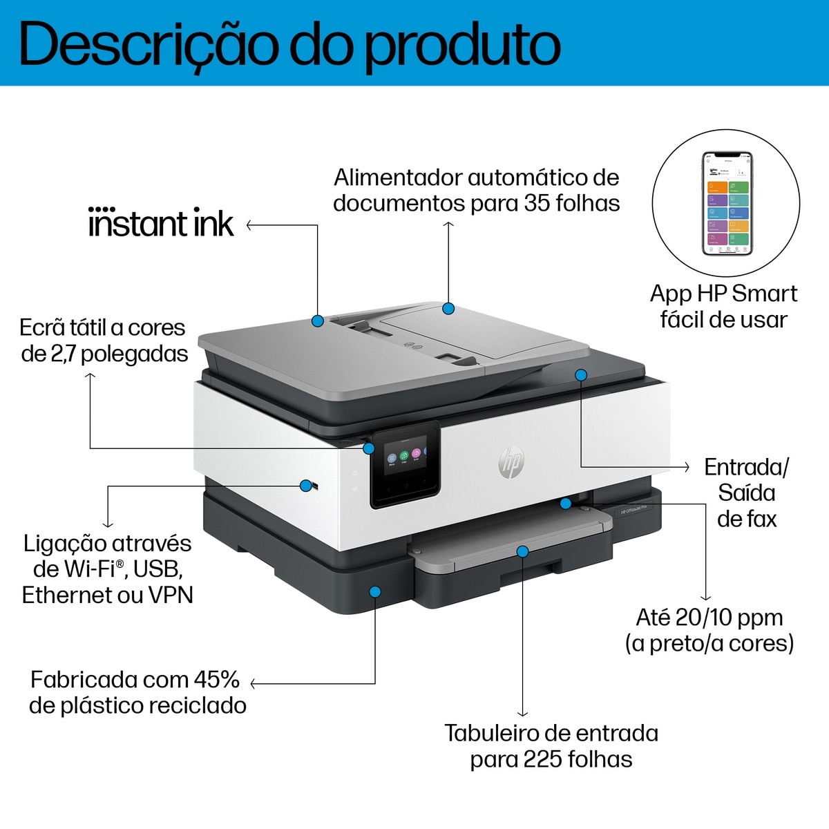 Impressora Multifunções HP OfficeJet Pro 8122e, Fax Móvel, Wi-Fi, Suporte de Tinta Instantânea Branco / Cinzento-4