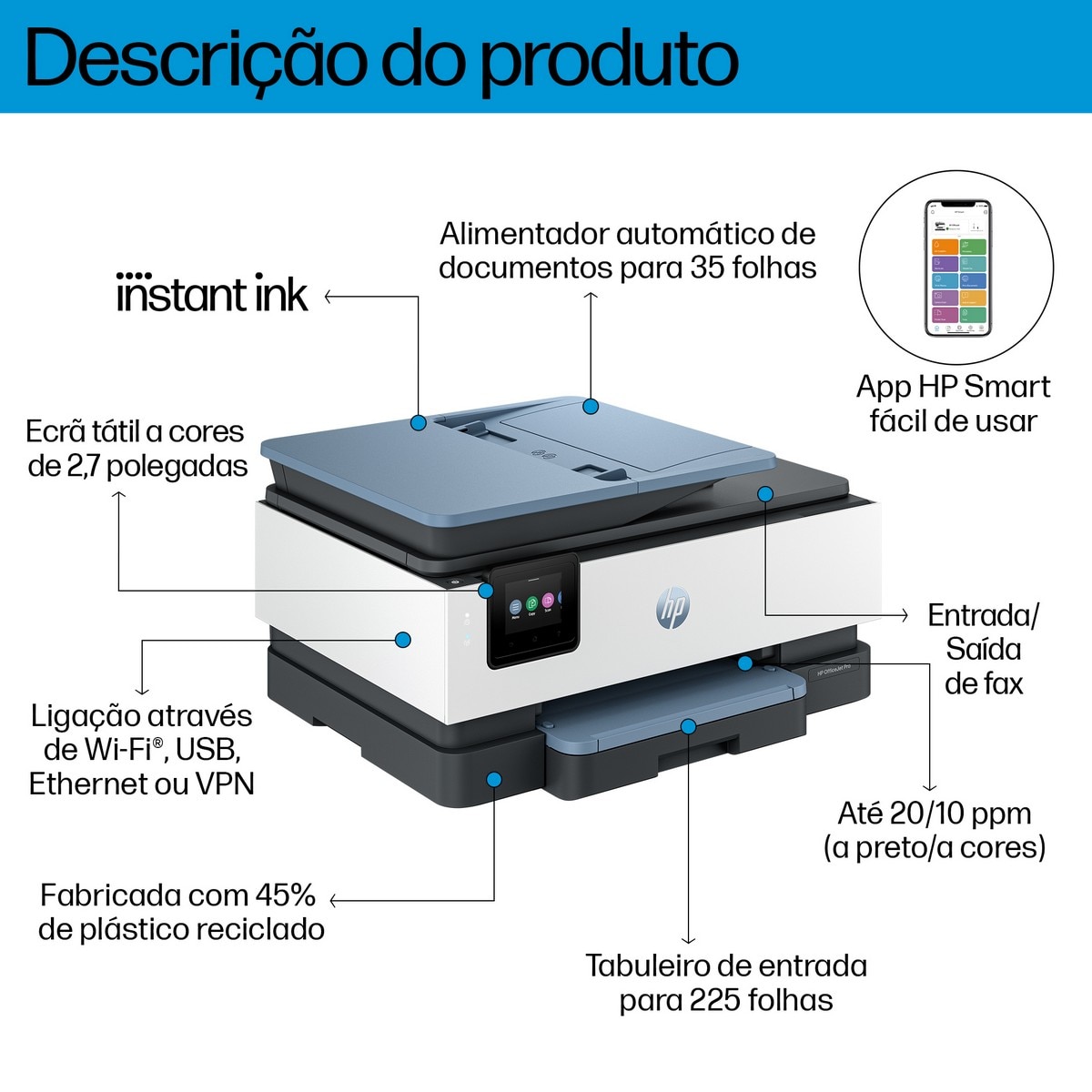 Impressora Multifunções HP OfficeJet Pro 8135e, Fax, Wi-Fi, Compatível com Instant Ink Branco / Azul-3