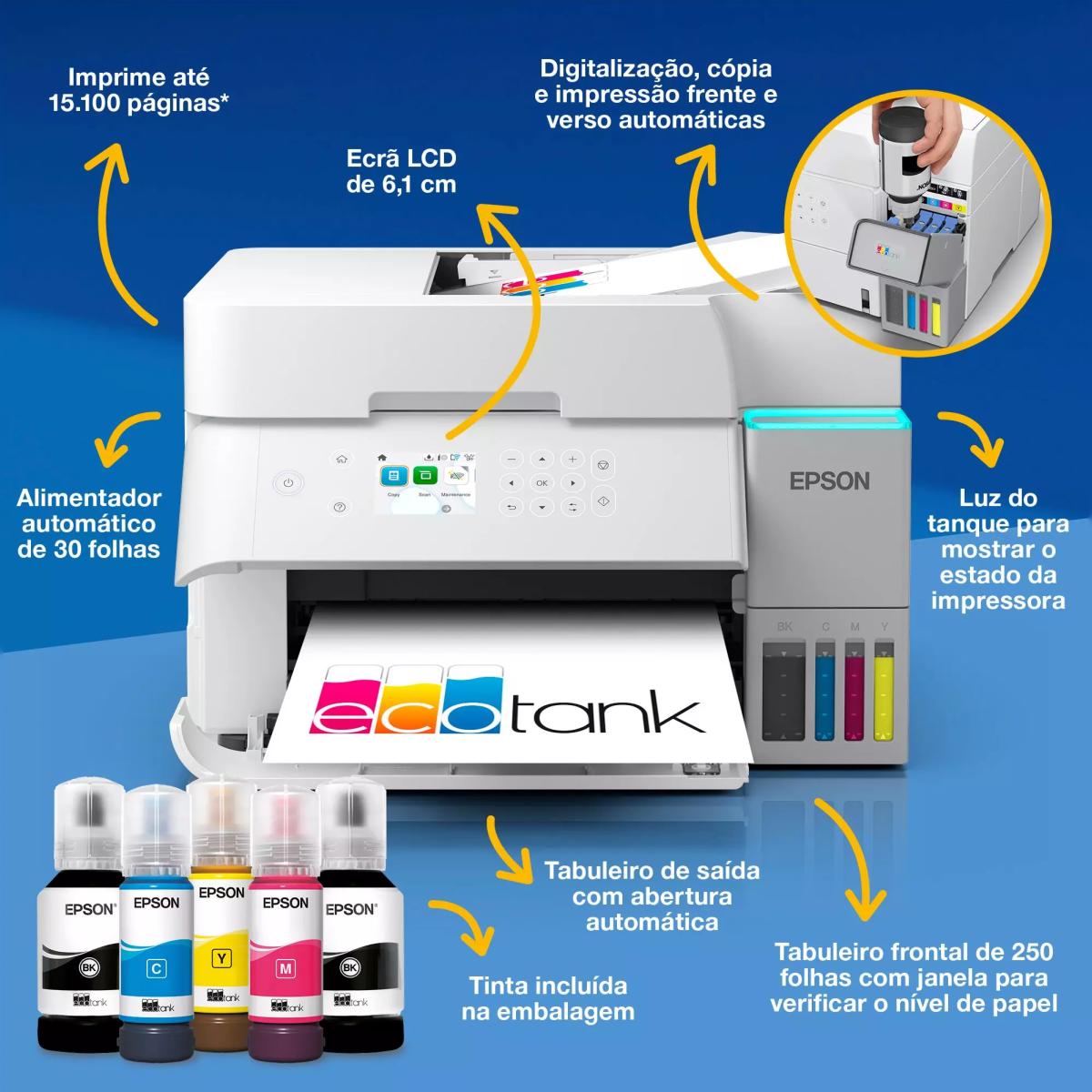 Impressora Mutifunções Epson Recarregável com Tinta Epson EcoTank ET-3956, ADF e Wi-Fi Branco-4
