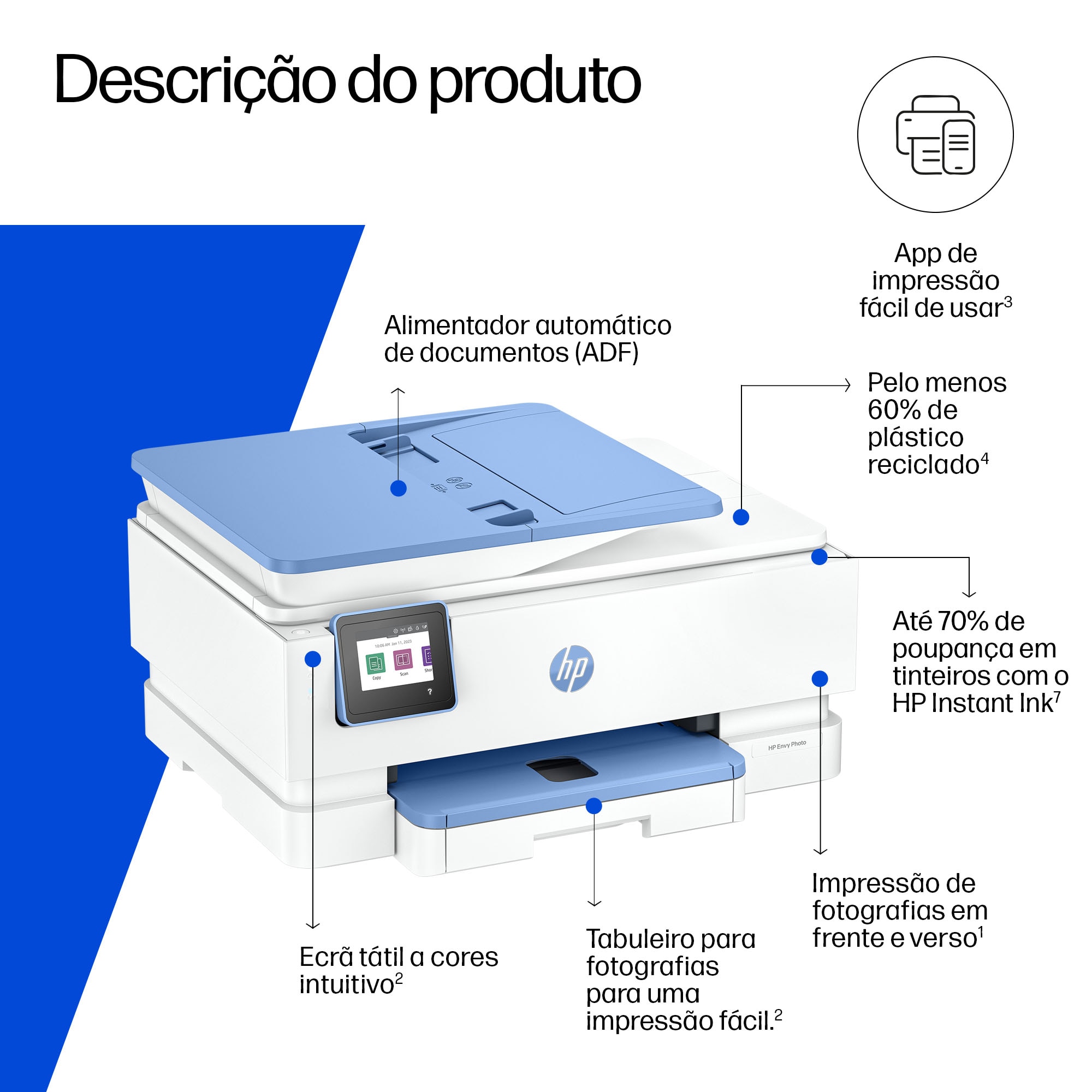 Impressora Multifunções HP Jacto Tinta Envy Photo 7931 All-in-One - Branco e Azul Branco / Azul-3