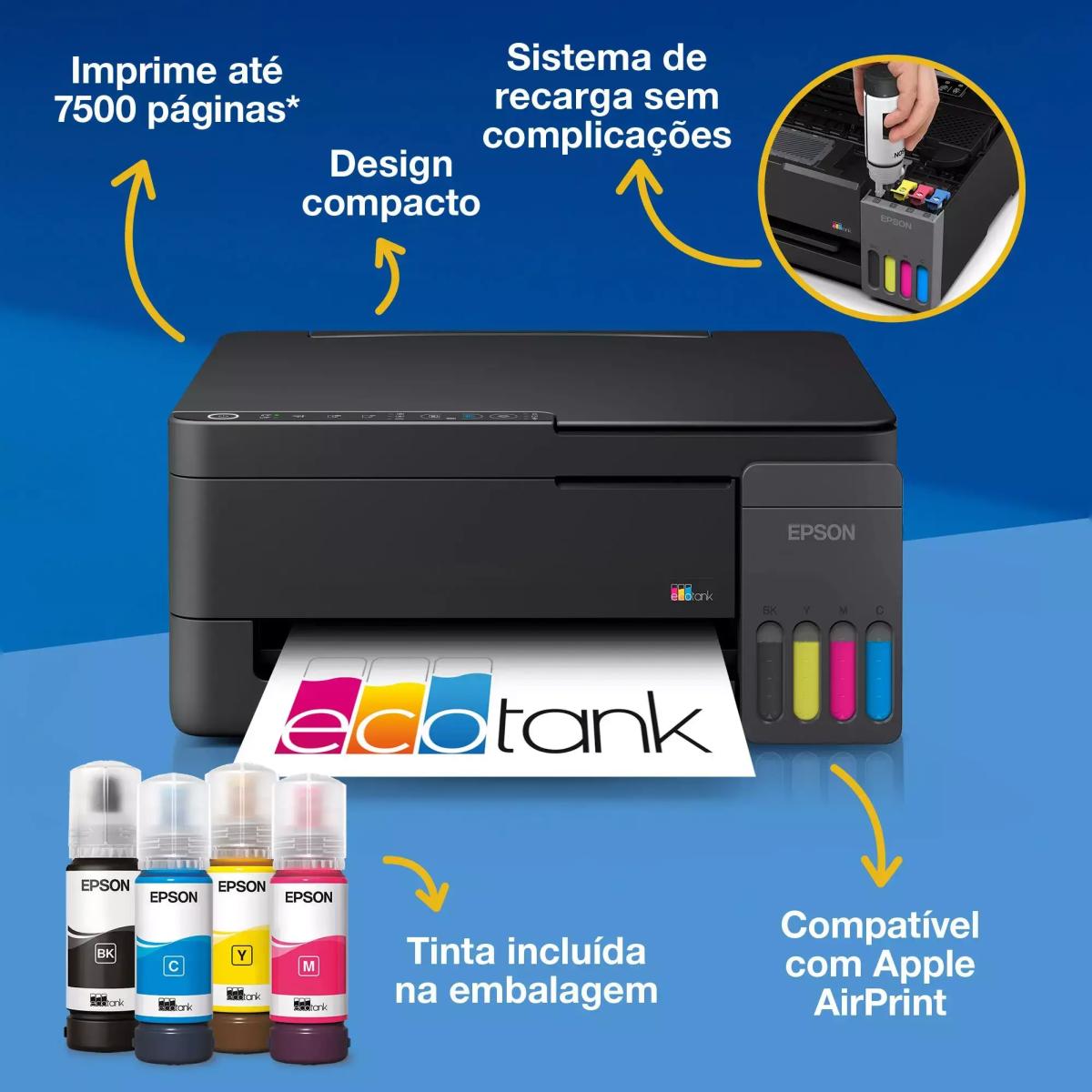 Impressora Jato de Tinta Epson EcoTank ET-2910 Multifunções - Impressão, Cópia, Digitalização - Duplex Manual, Wireless Preto-2