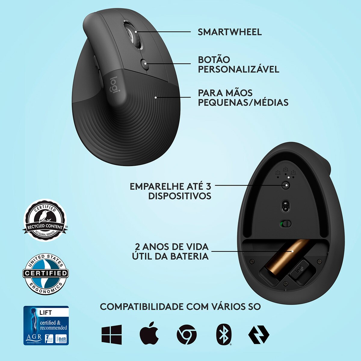 Rato Laser Logitech Lift Vertical Ergonomic Wireless/Bluetooth 4000DPI - Graphite 6