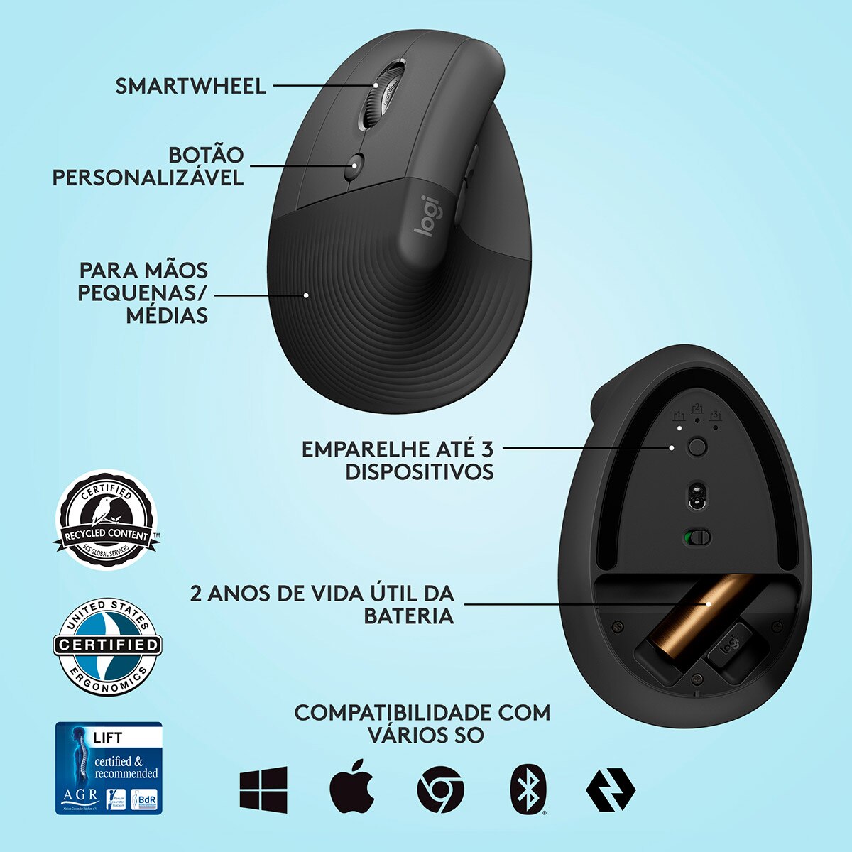 Rato Laser Logitech Lift Left Vertical Ergonomic Wireless/Bluetooth 4000 DPI - Graphite 6