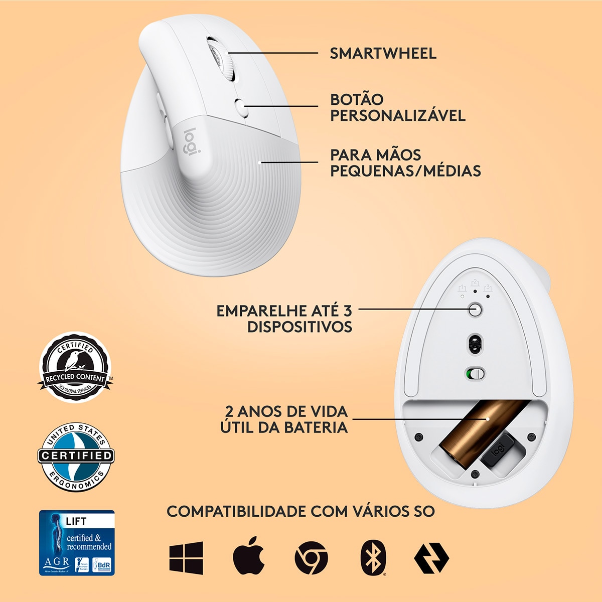 Rato Laser Logitech Lift Vertical Ergonomic Wireless/Bluetooth 4000 DPI - Branco 6
