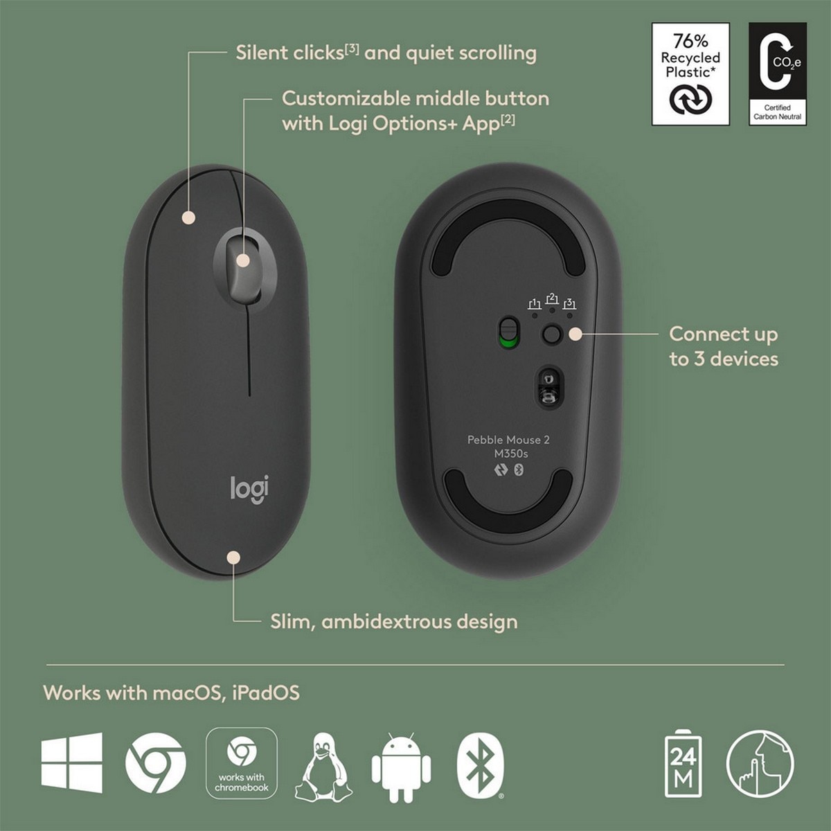 Rato Óptico Logitech Pebble 2 M350s Bluetooth 1000DPI - Graphite Grafite-4