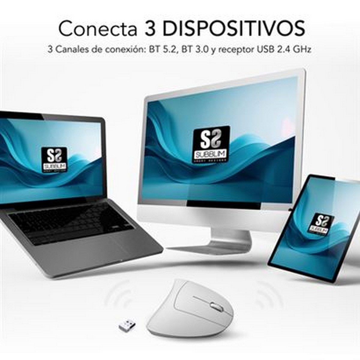 Rato Ótico Vertical Ergo Dual Subblime Bateria - Branco Branco-3