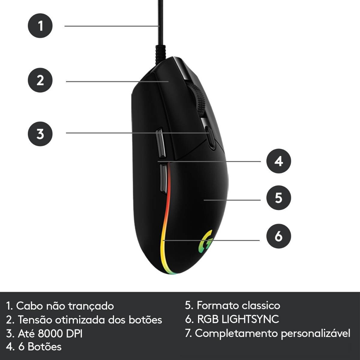 Rato Óptico Logitech Gaming  G203 Lightsync RGB 8000DPI - Preto Preto-7