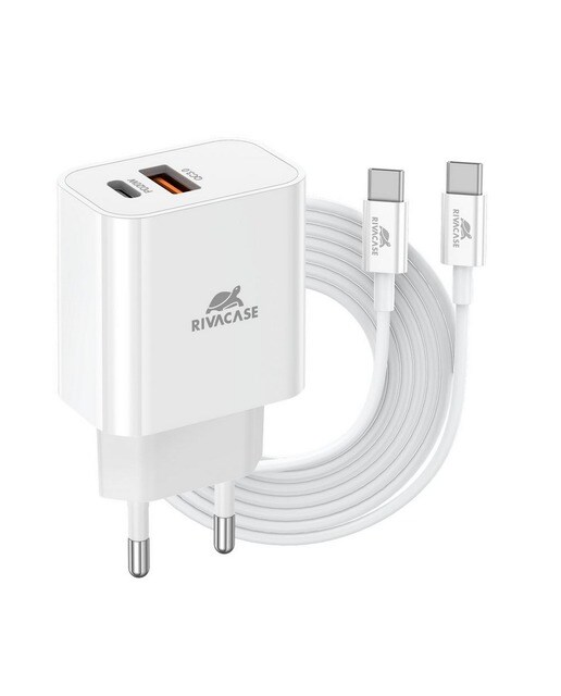 Imagem 0 de Carregador Rivacase PD20W + QC3.0, USB-A + USB-C com Cabo USB-C para USB-C - Branco