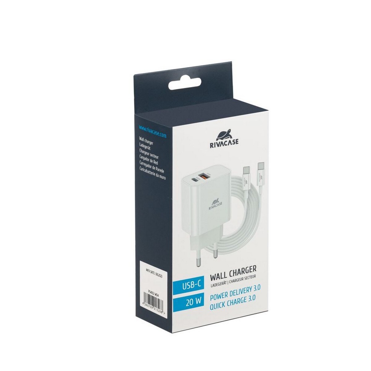 Carregador Rivacase PD20W + QC3.0, USB-A + USB-C com Cabo USB-C para USB-C - Branco 2