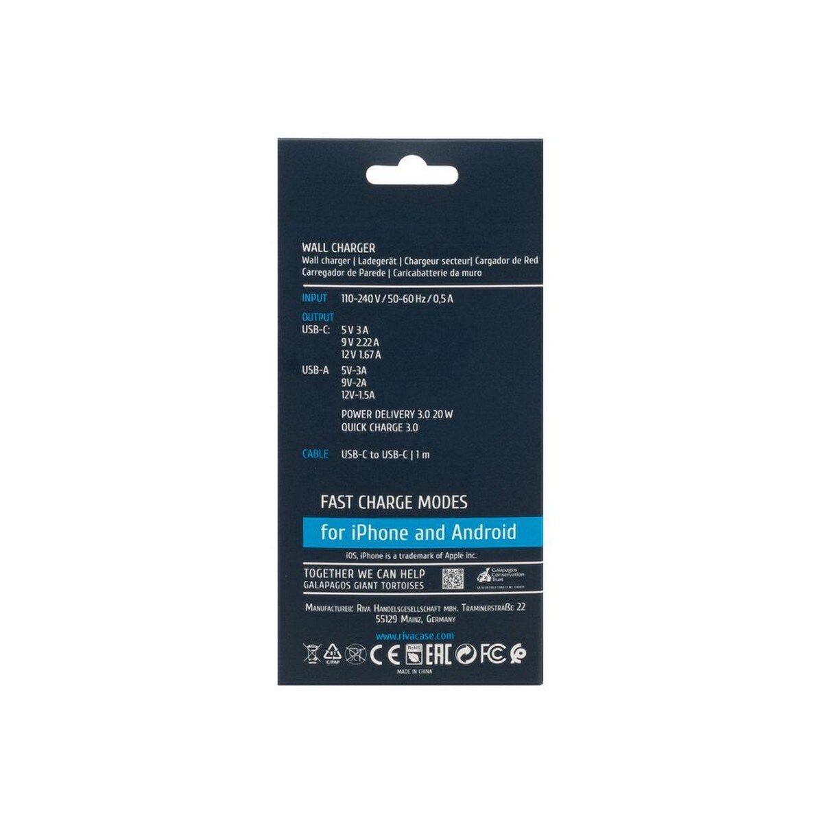 Carregador Rivacase PD20W + QC3.0, USB-A + USB-C com Cabo USB-C para USB-C - Branco 4