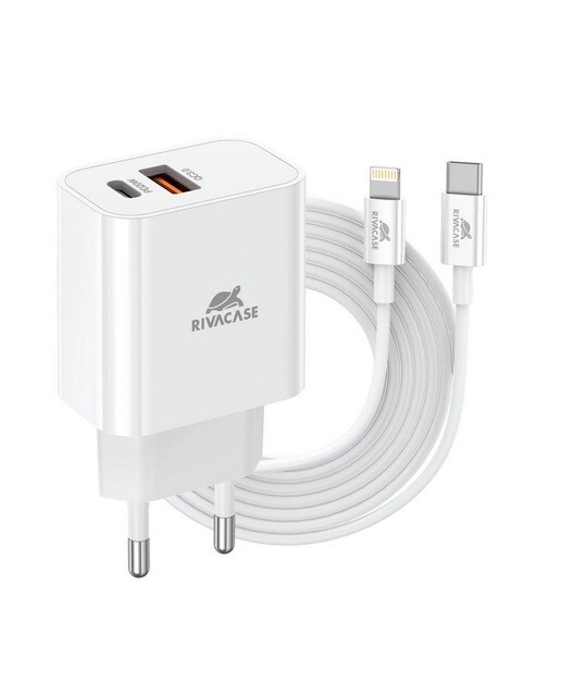 Imagem 0 de Carregador Rivacase PD20W + QC3.0, USB-A + USB-C com Cabo USB-C para Lighting - Branco