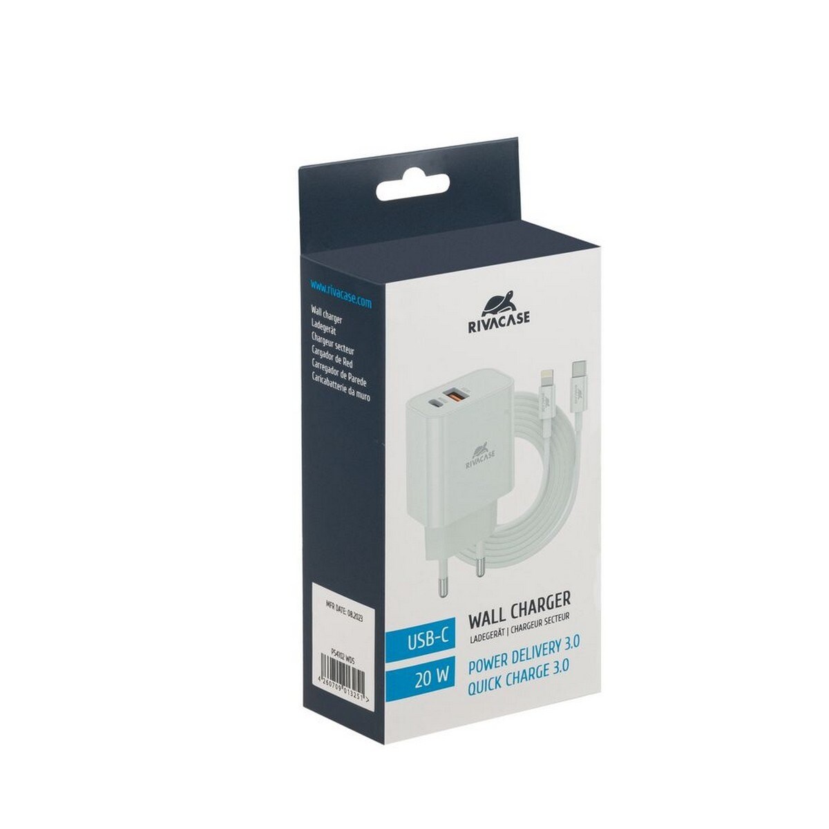 Carregador Rivacase PD20W + QC3.0, USB-A + USB-C com Cabo USB-C para Lighting - Branco 2
