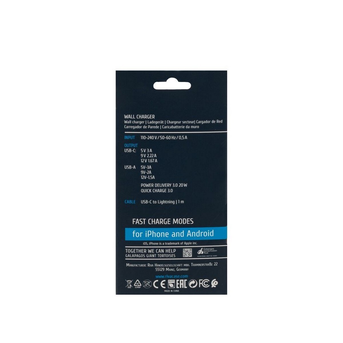 Carregador Rivacase PD20W + QC3.0, USB-A + USB-C com Cabo USB-C para Lighting - Branco 4