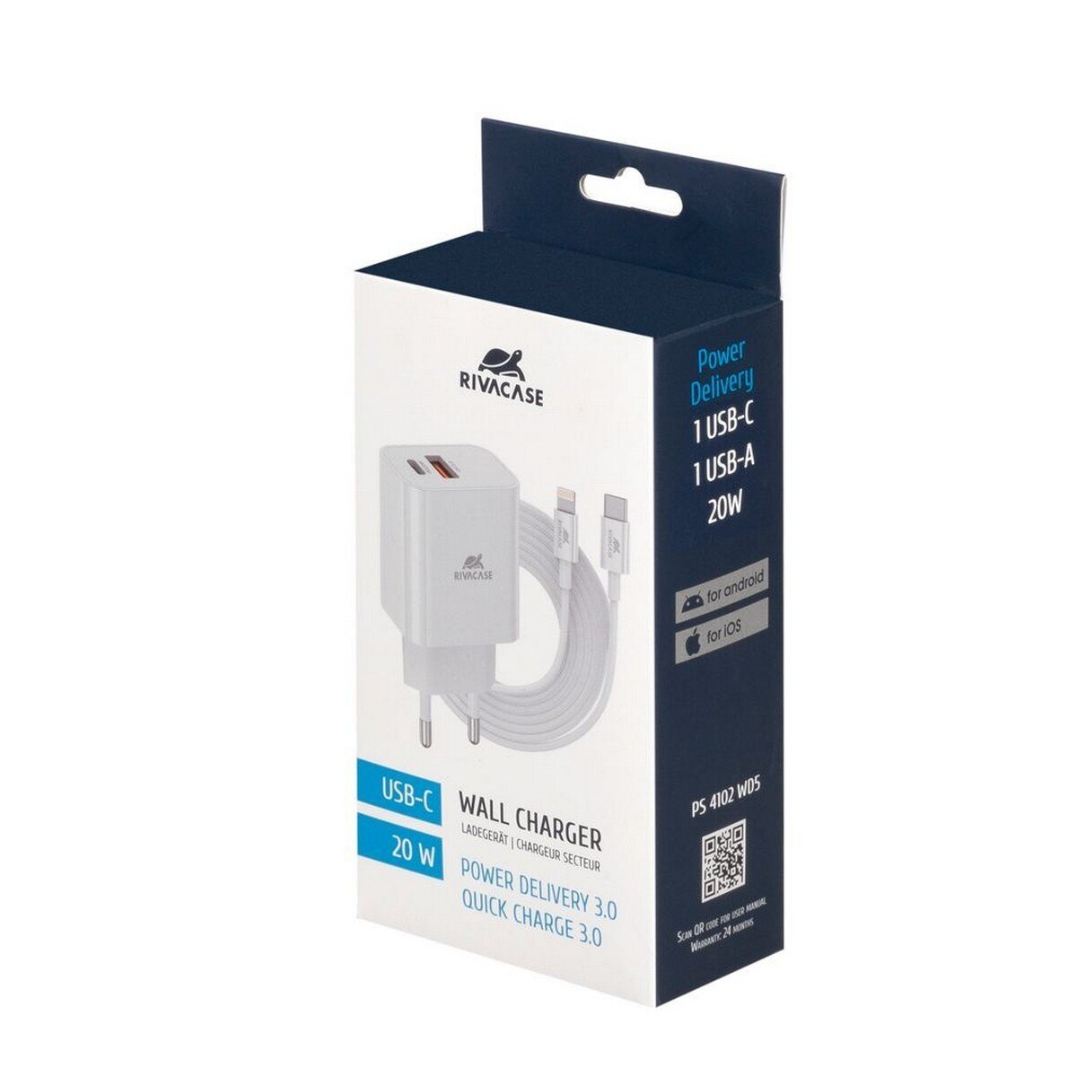 Carregador Rivacase PD20W + QC3.0, USB-A + USB-C com Cabo USB-C para Lighting - Branco 5