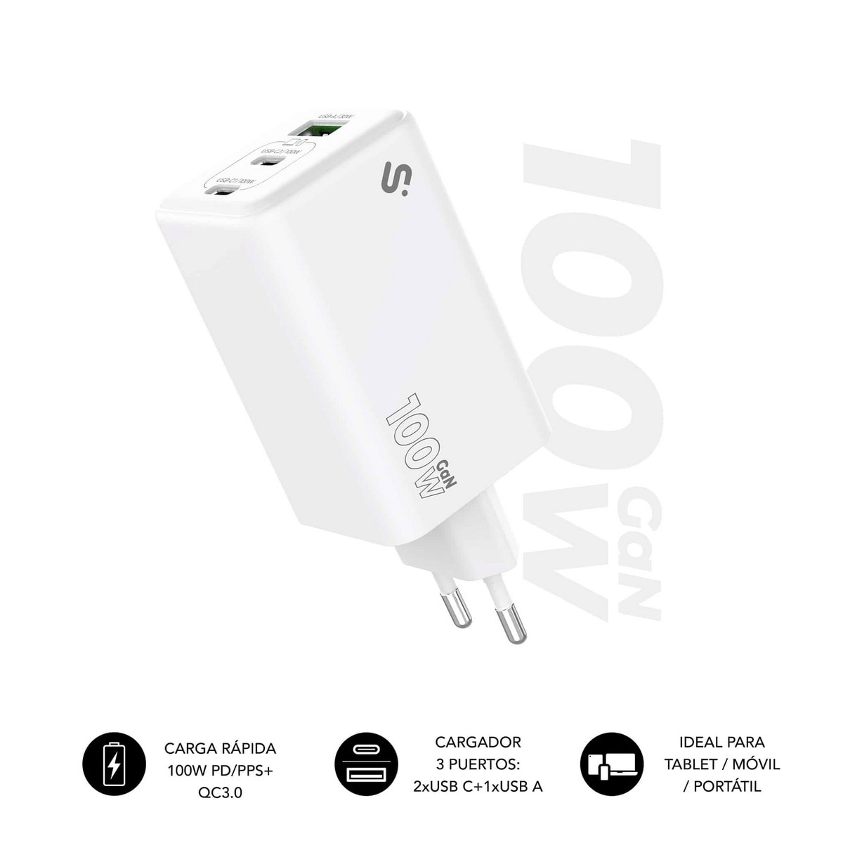 Imagem 0 de Carregador Subblim GaN 100W USB-C, 3 Portas (2x USB-C + 1x USB-A)