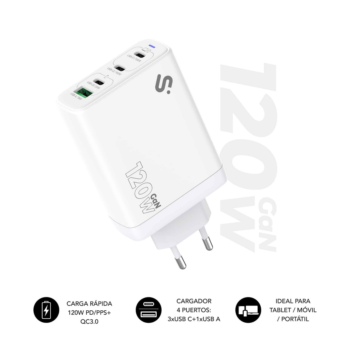 Carregador Subblim GaN 120W USB-C, 4 Portas (3x USB-C + 1x USB-A) Branco-1