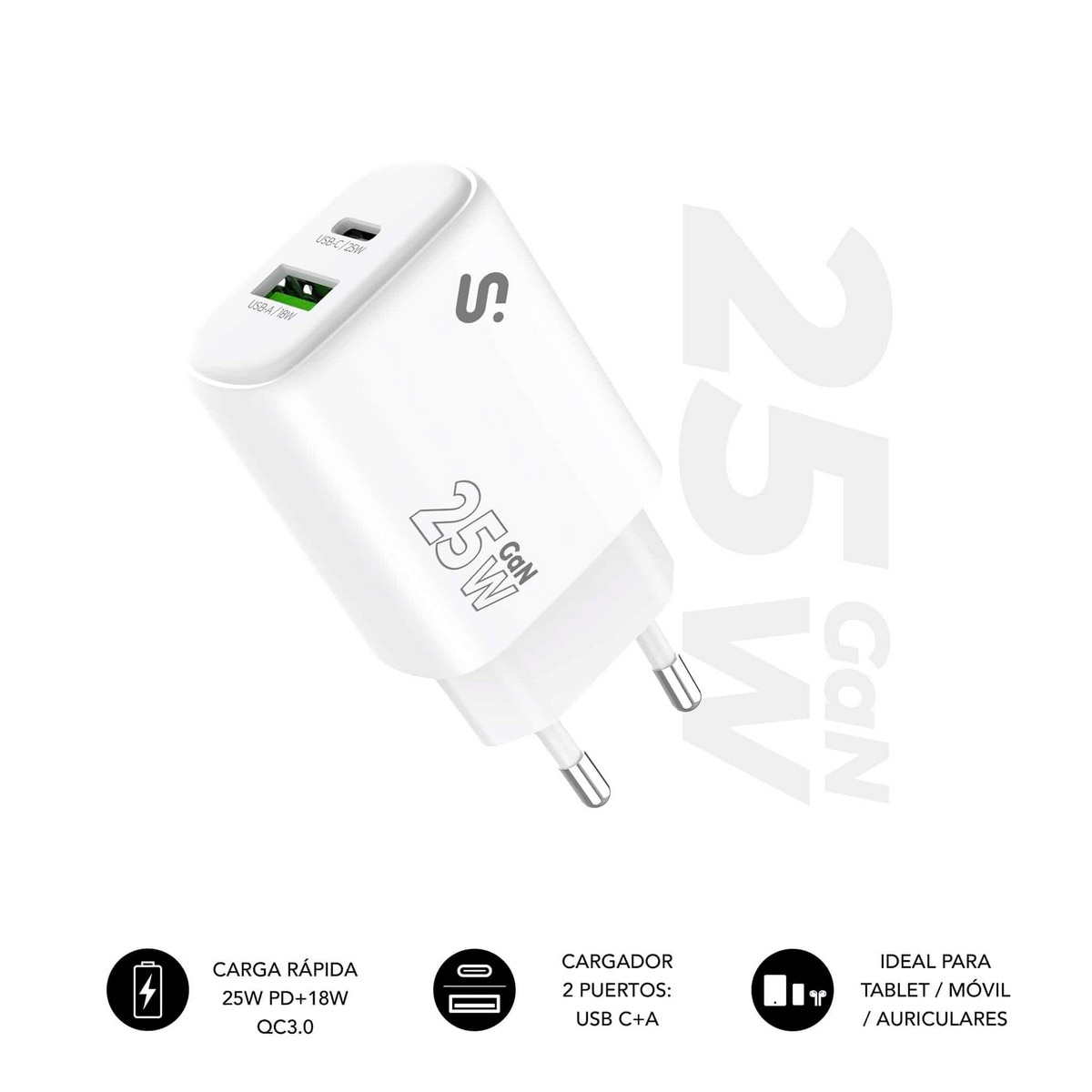 Imagem 0 de Carregador Subblim GaN 25W USB-C + USB-A