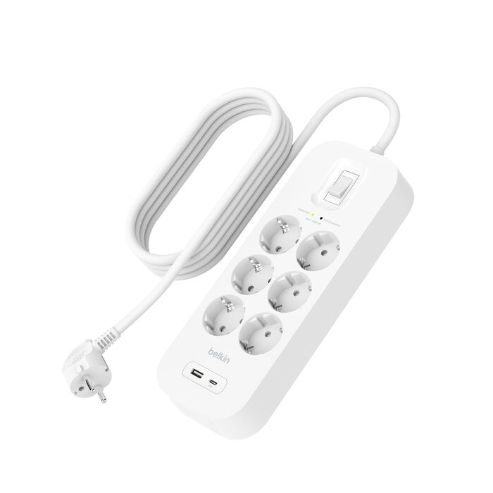 Extensão Belkin Proteção contra Sobretensão com 2 Portas USB - 6 Tomadas - 2M Branco-3