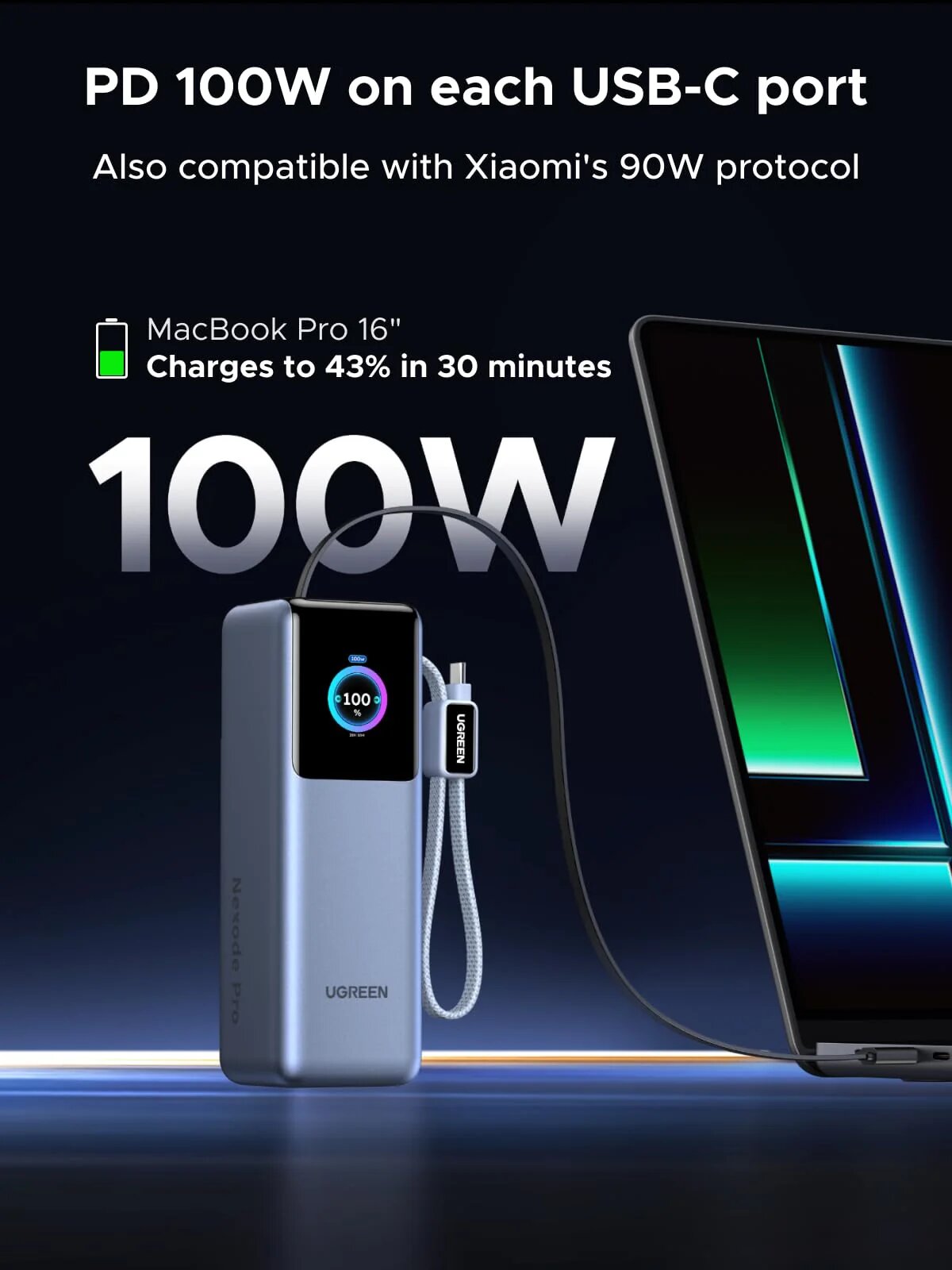 Power Bank Ugreen Nexode de 25 000 mAh, 200 W, 4 Portas e Cabo Retrátil 2