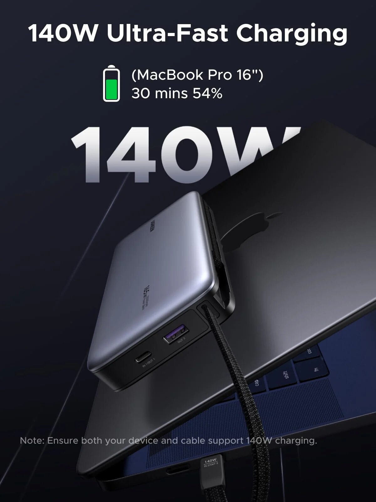 Power Bank Ugreen Nexode de 25 000 mAh, 165 W, 4 Portas, com 2 Cabos Incorporados 2