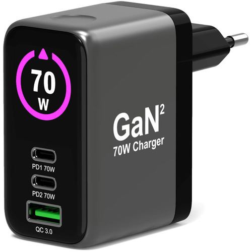 Carregador PORT GaN 2 × USB-C + 1 × USB-A, 70 W, Ecrã OLED, Inclui Cabo de 2 m - Preto 1