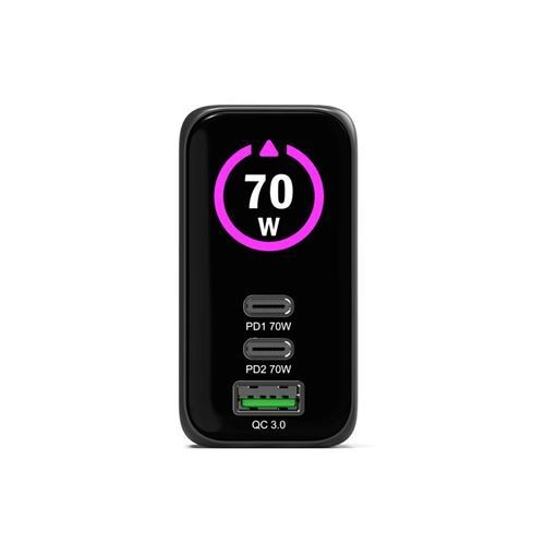 Carregador PORT GaN 2 × USB-C + 1 × USB-A, 70 W, Ecrã OLED, Inclui Cabo de 2 m - Preto 2