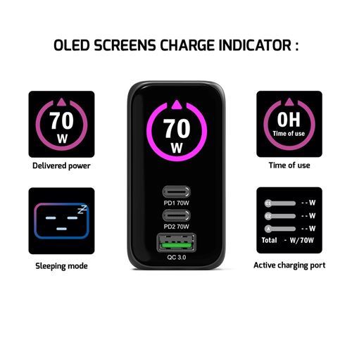 Carregador PORT GaN 2 × USB-C + 1 × USB-A, 70 W, Ecrã OLED, Inclui Cabo de 2 m - Preto 4