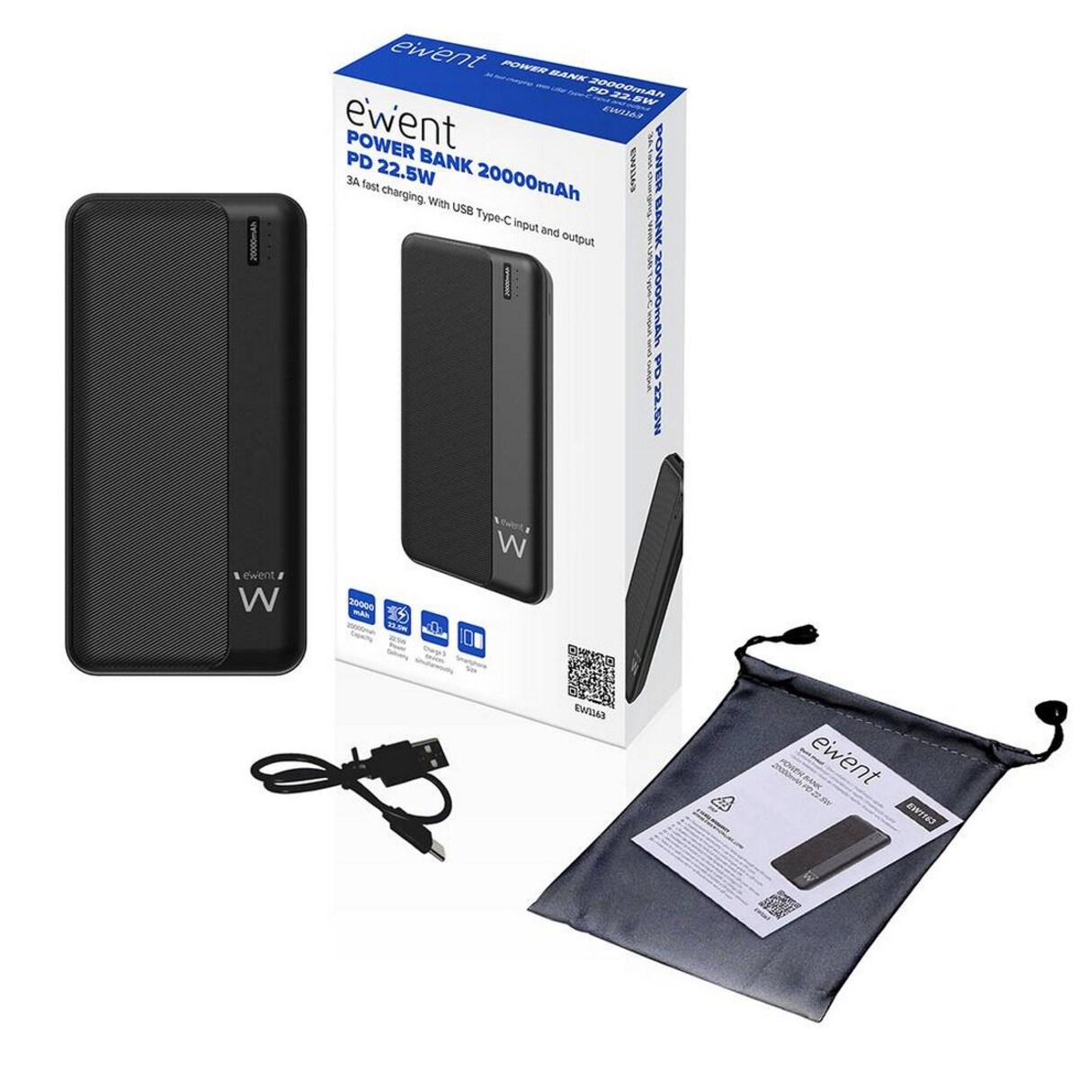 Powerbank Ewent EW1163 PD Quick Charge 20000mAh 22,5W - Preto Preto-3