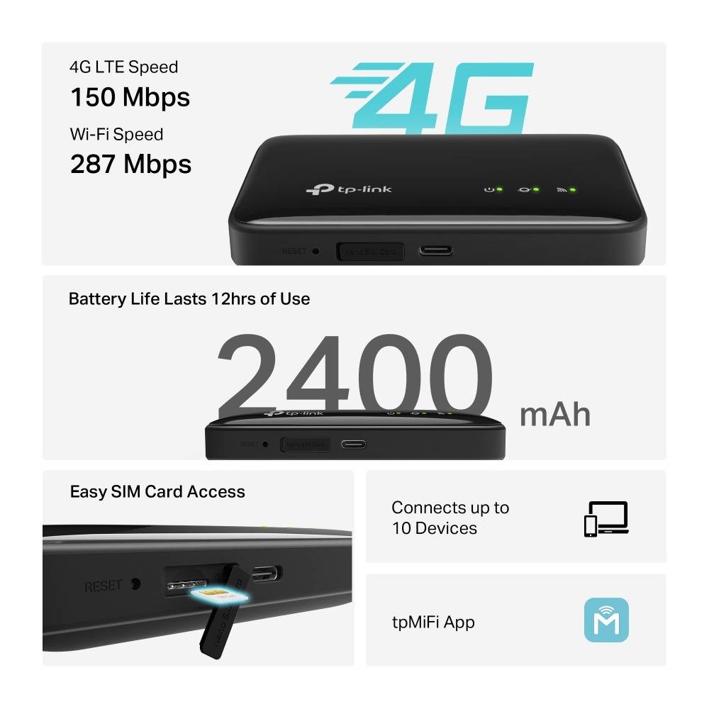 Hotspot Móvel TP-Link M7005 AX287 Dual-Band WiFi 6 4G LTE Preto-5