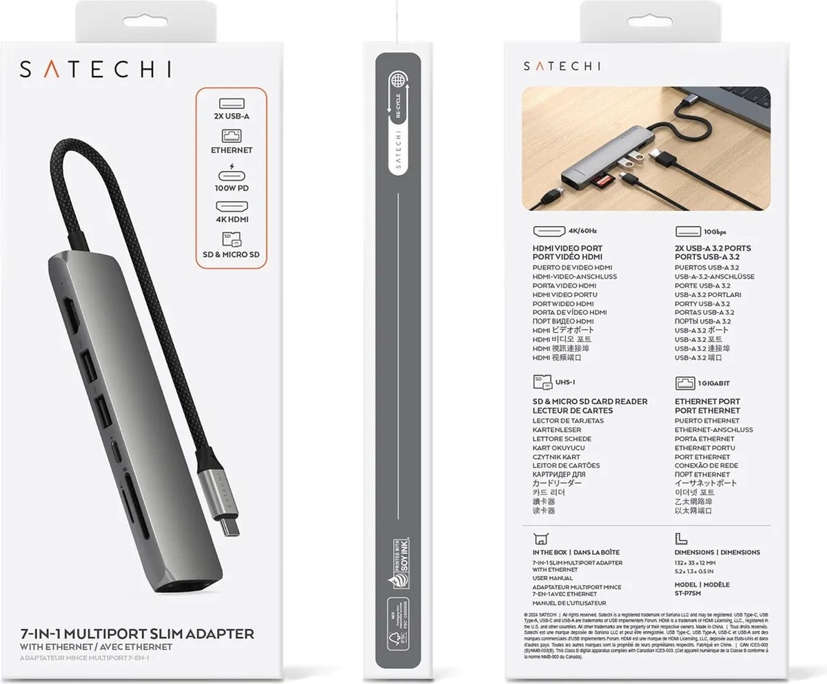 Hub Multiportas Satechi 7 em 1 USB-C Slim com Ethernet - Cinzento 6