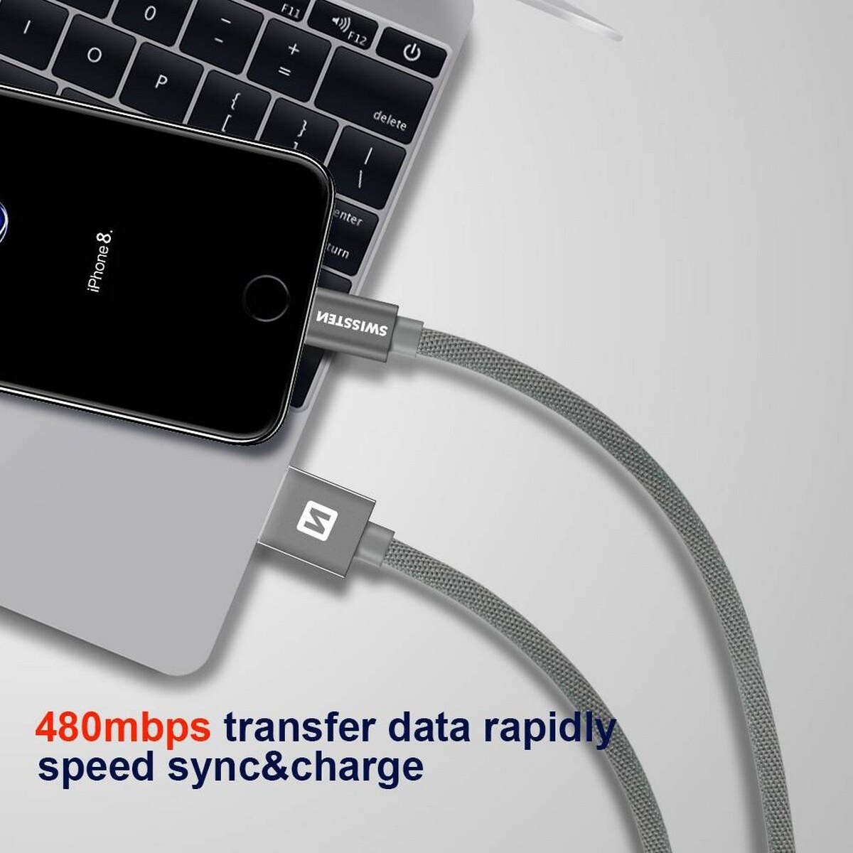 Cabo Swissten Textile USB-A p/ Lightning 3A 0.2m - Cinzento 3