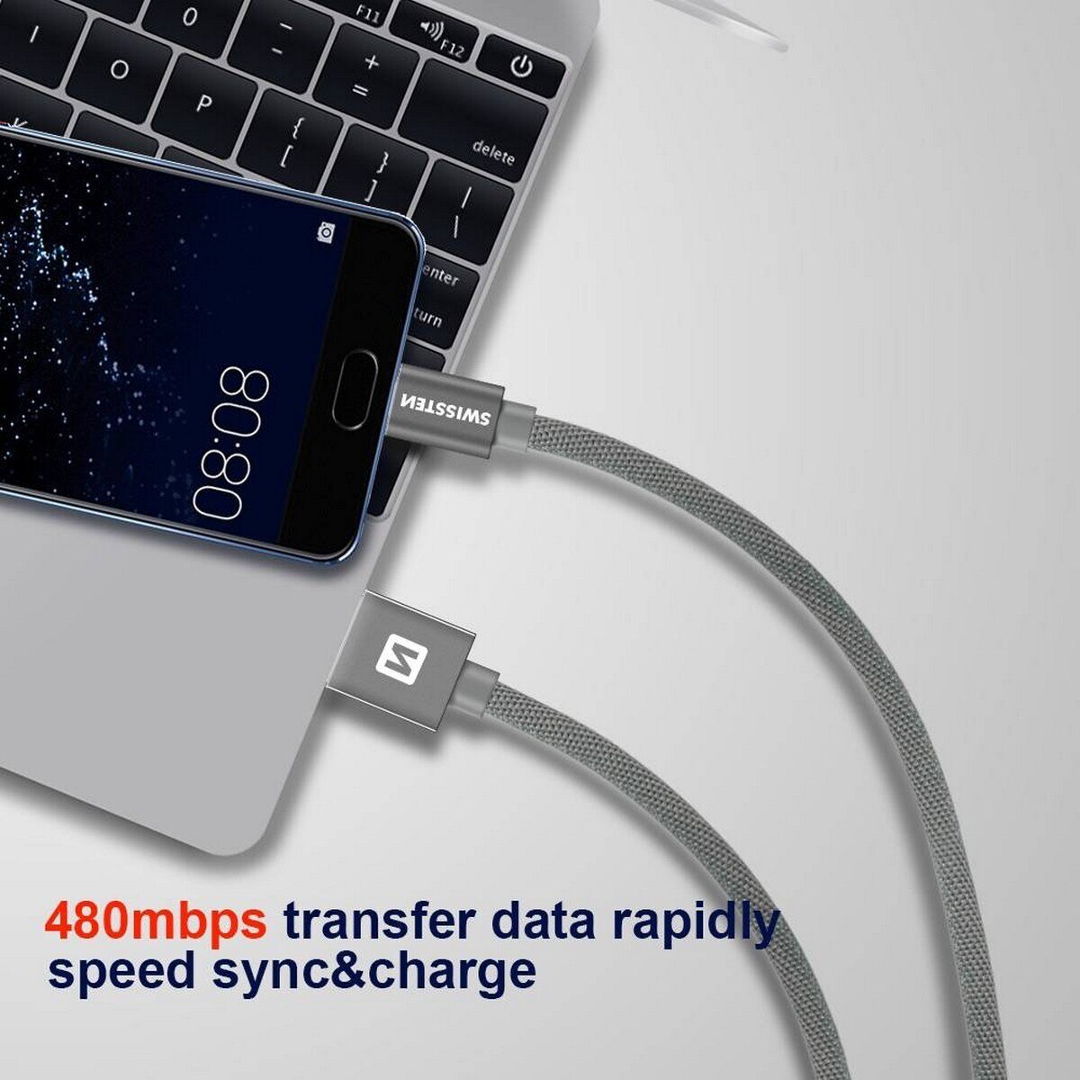 Cabo Swissten Textile USB-A p/ USB-C 3A 0.2m - Cinzento 3