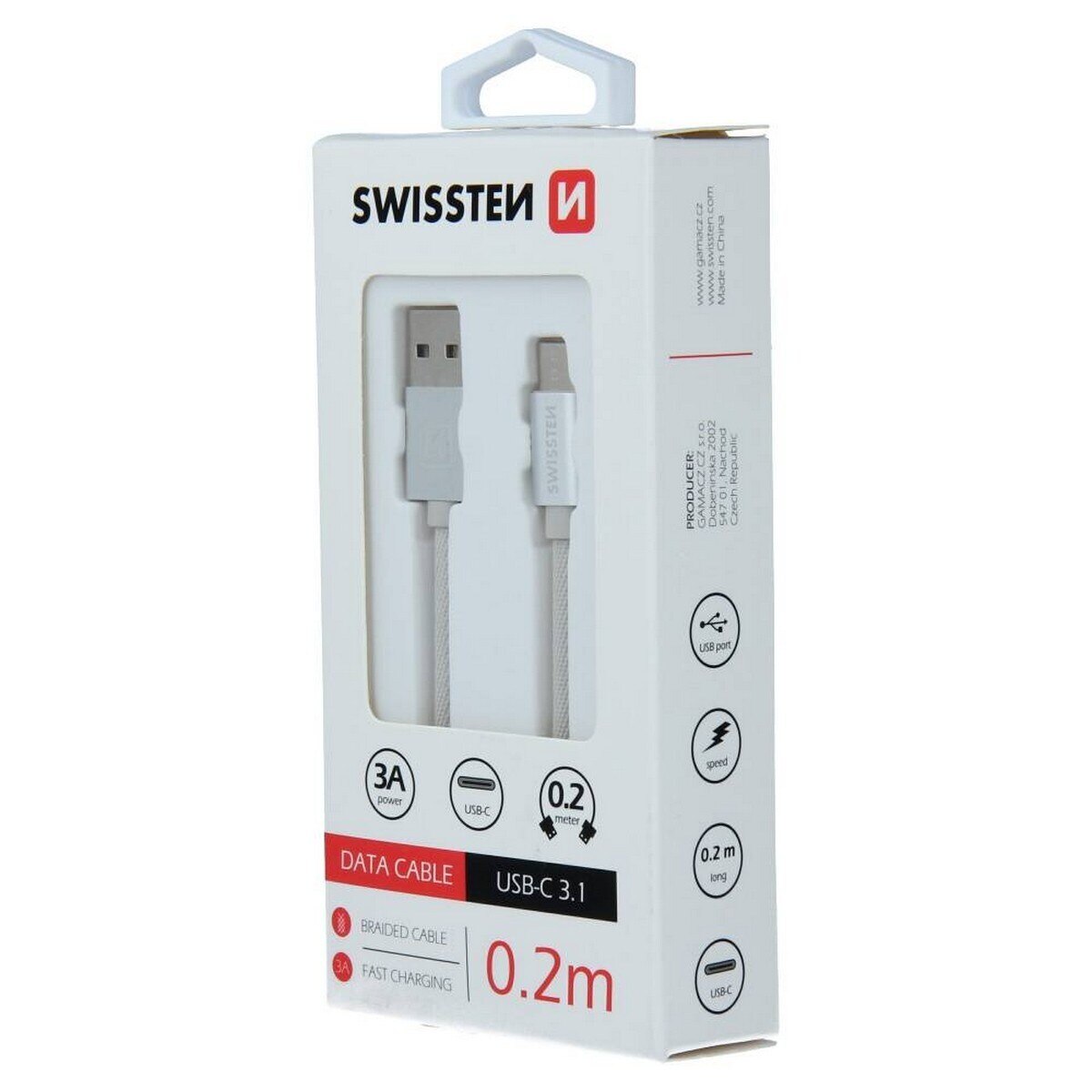 Cabo Swissten Textile USB-A p/ USB-C 3A 0.2m - Cinzento 7