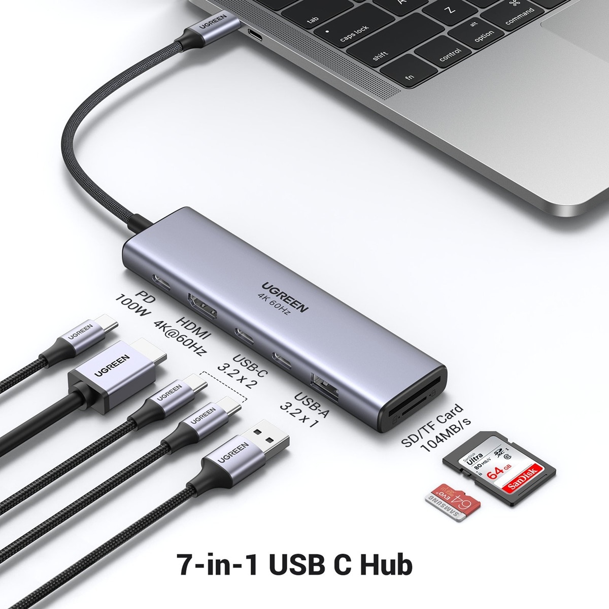 Base de Ligação Ugreen USB-C a HDMI (4K a 60 Hz), 2 Portas USB-C 3.2, USB-A 3.2, SD/TF, PD (100 W) 3