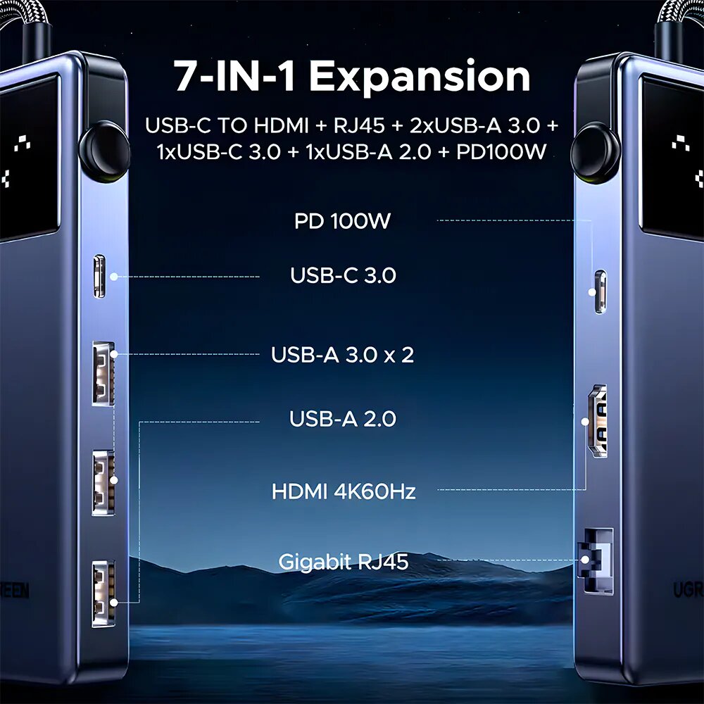 Base de Ligação Ugreen USB-C a HDMI, 2 Portas, USB-A 3.0, USB-C 3.0 (20 W), SD/TF, PD 4