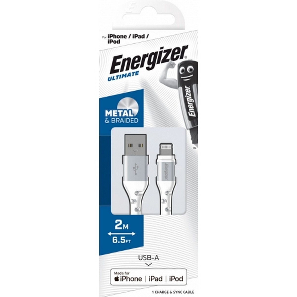 Cabo Energizer Metal / Cabo de Nylon Trançado USB-A para Lightning, 2m - Branco 2