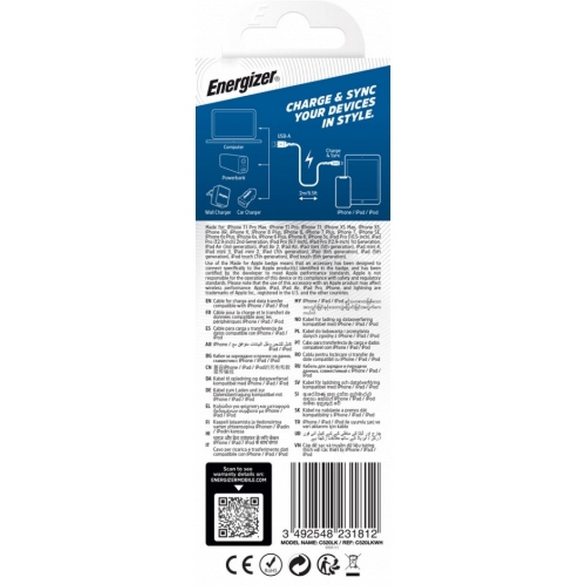 Cabo Energizer Metal / Cabo de Nylon Trançado USB-A para Lightning, 2m - Branco 3
