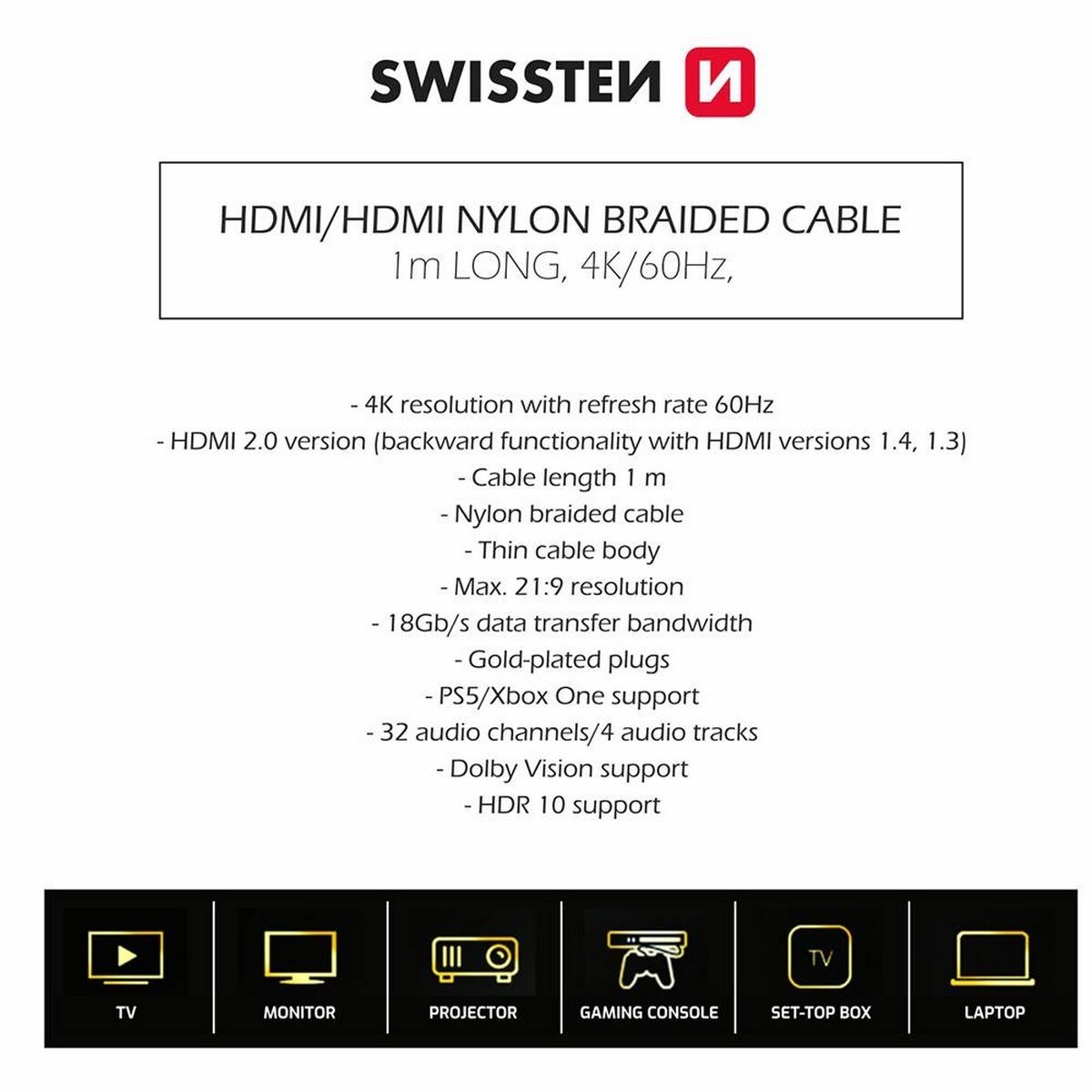 Cabo Swissten HDMI 2.0 Ultra HD 4K 60Hz 1m - Cinza Cinza-6