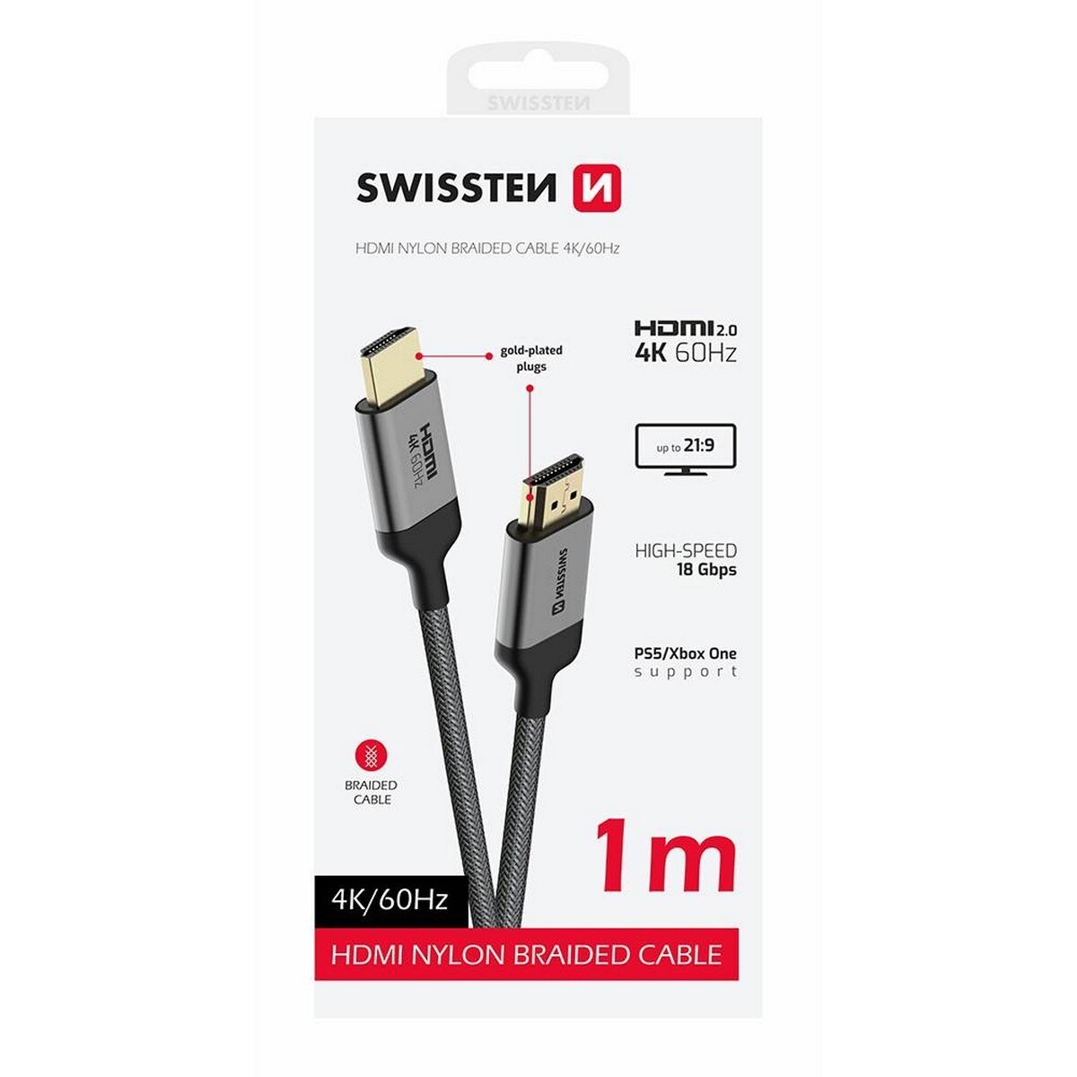 Cabo Swissten HDMI 2.0 Ultra HD 4K 60Hz 1m - Cinza Cinza-7