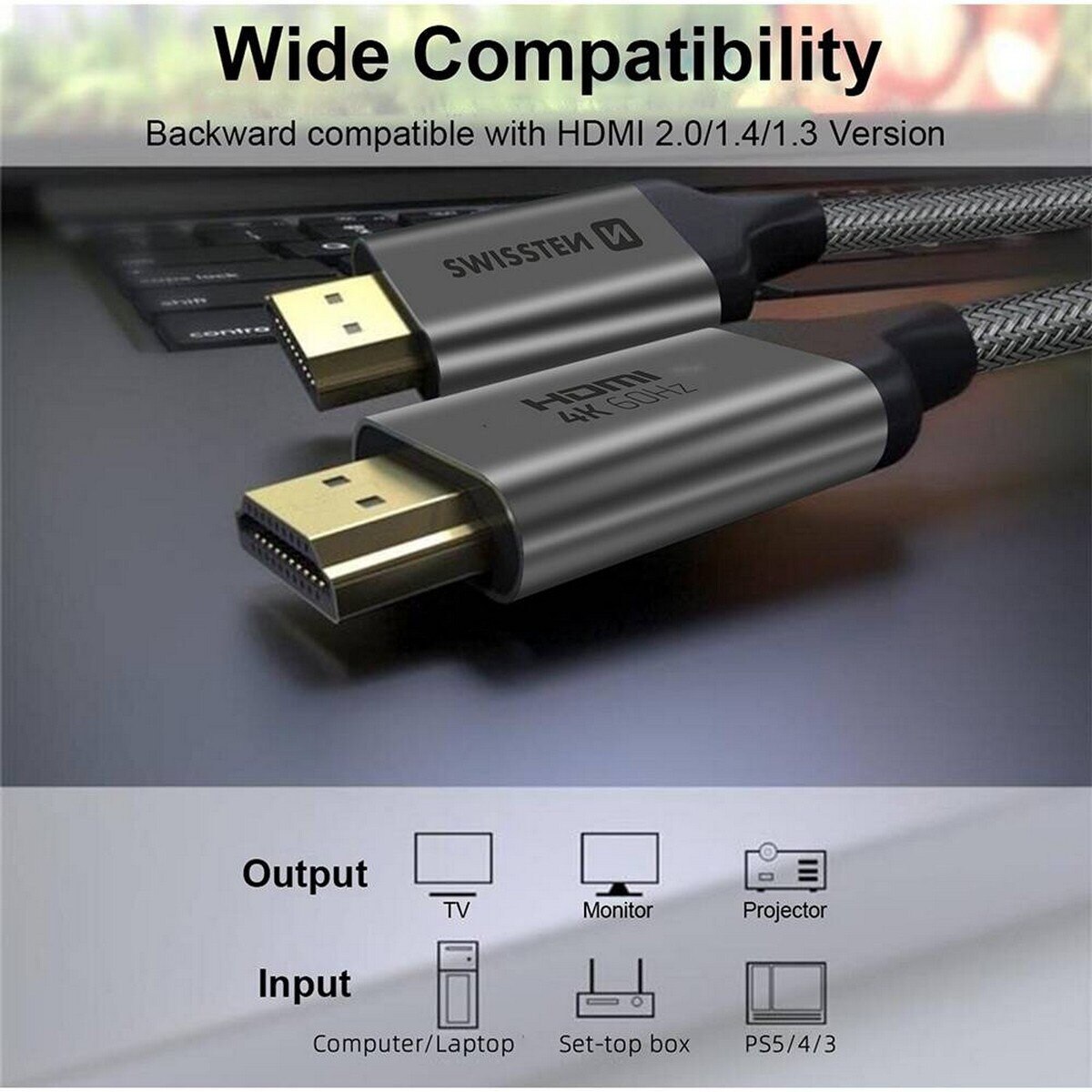 Cabo Swissten HDMI 2.0 Ultra HD 4K 60Hz 2m - Cinzento 4