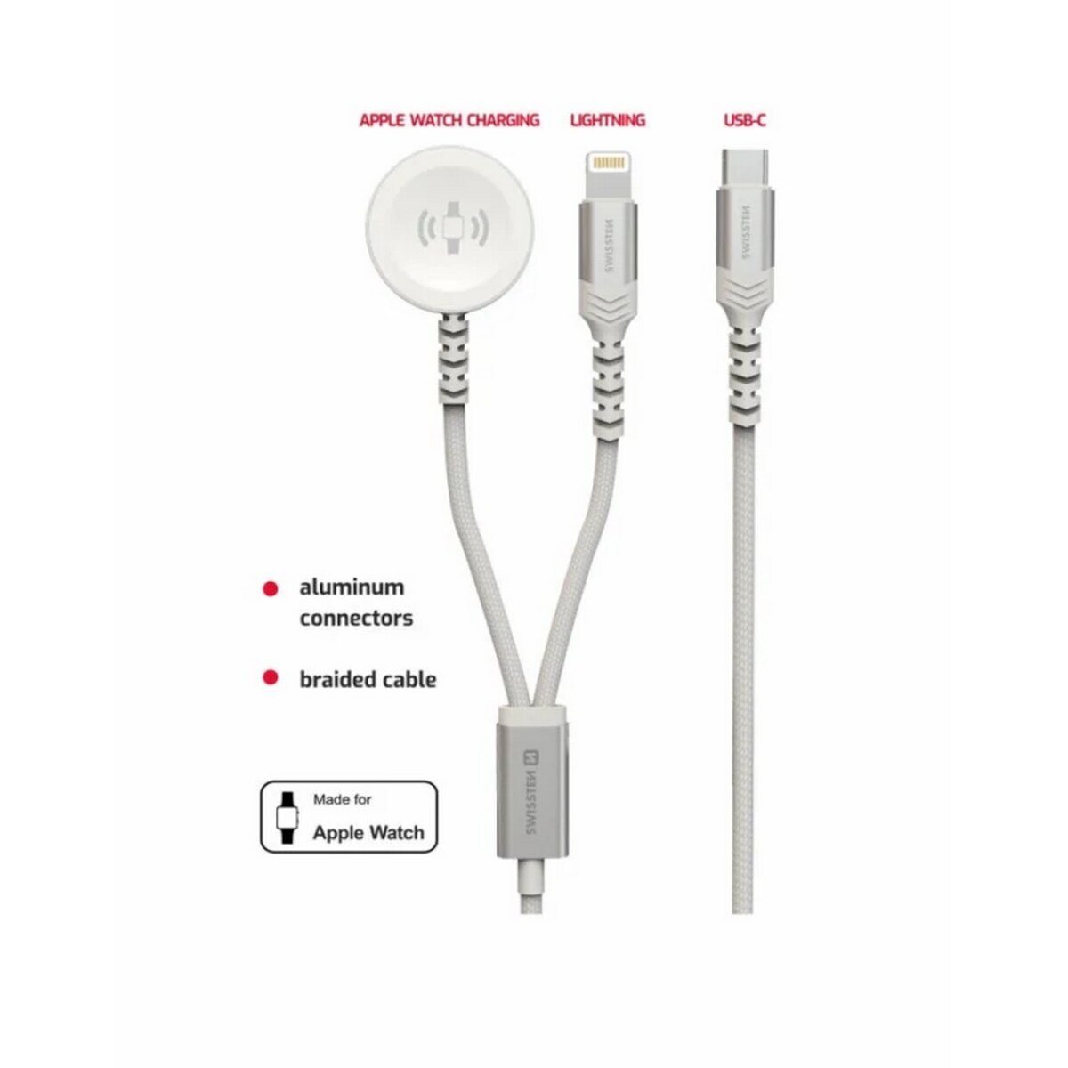 Cabo Swissten 2 em 1 USB-C para Lightning + Apple Watch - Prateado 2