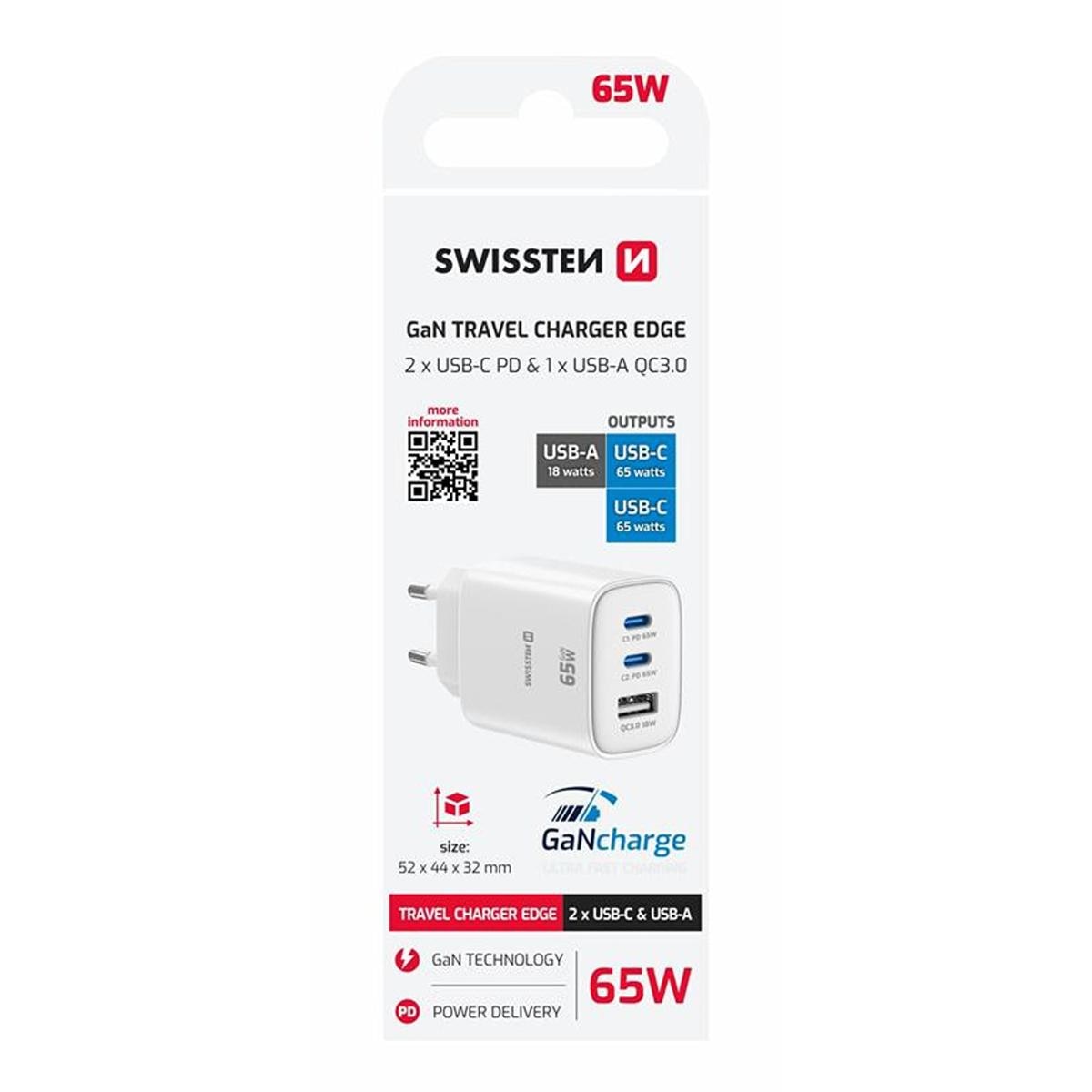 Carregador AC 65W Swissten  2xUSB-C, 1xUSB Branco-2