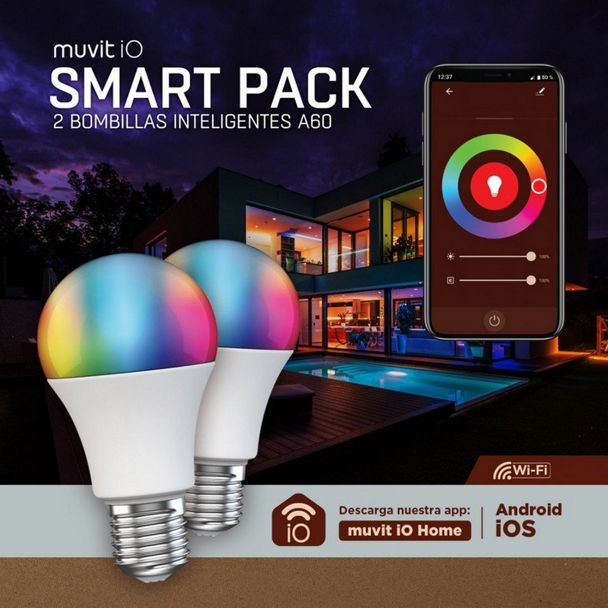 Pack 2 Lâmpadas Inteligente A60, E27, 9W, RGB+Brancos 2
