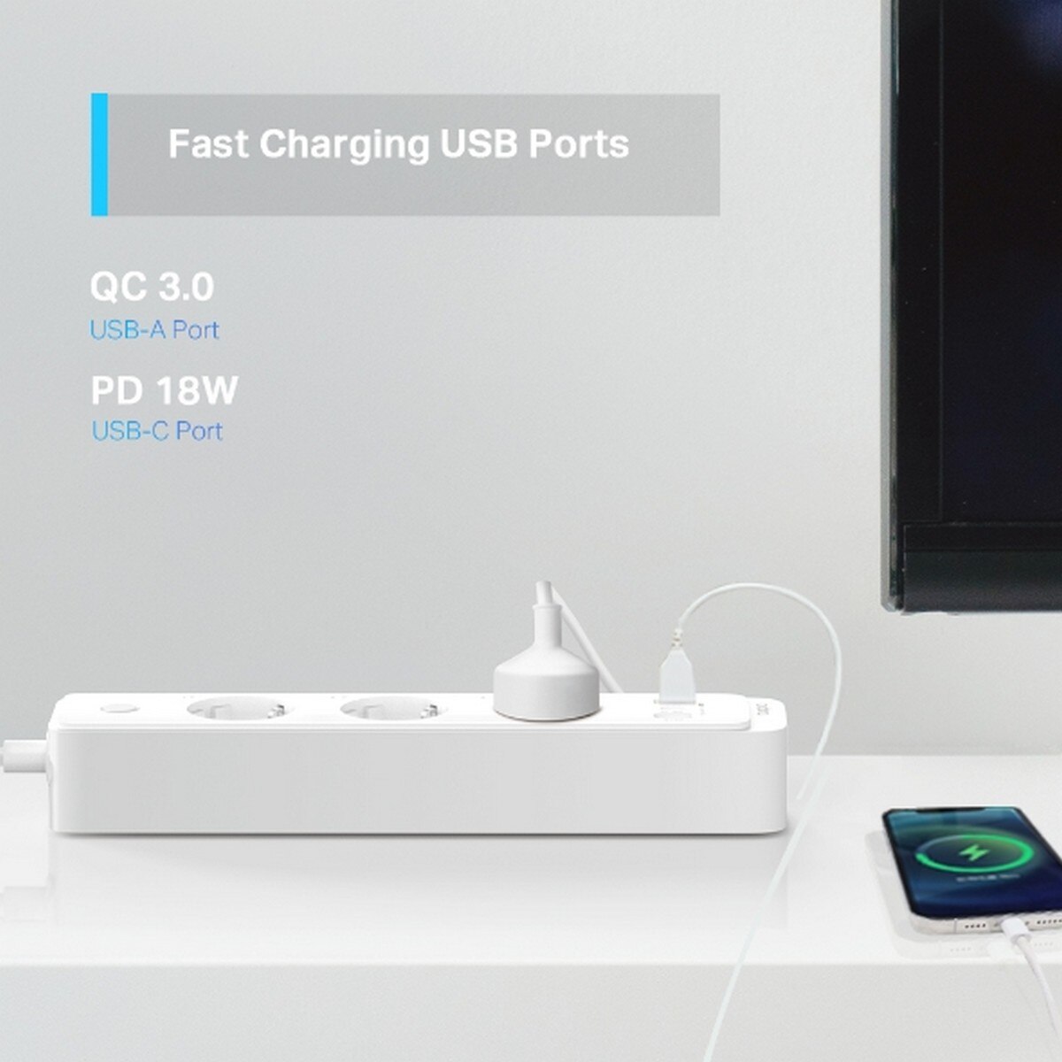 Tomada Eléctrica Wi-Fi Inteligente, Tripla, 2 USB 3.0 Branco-3