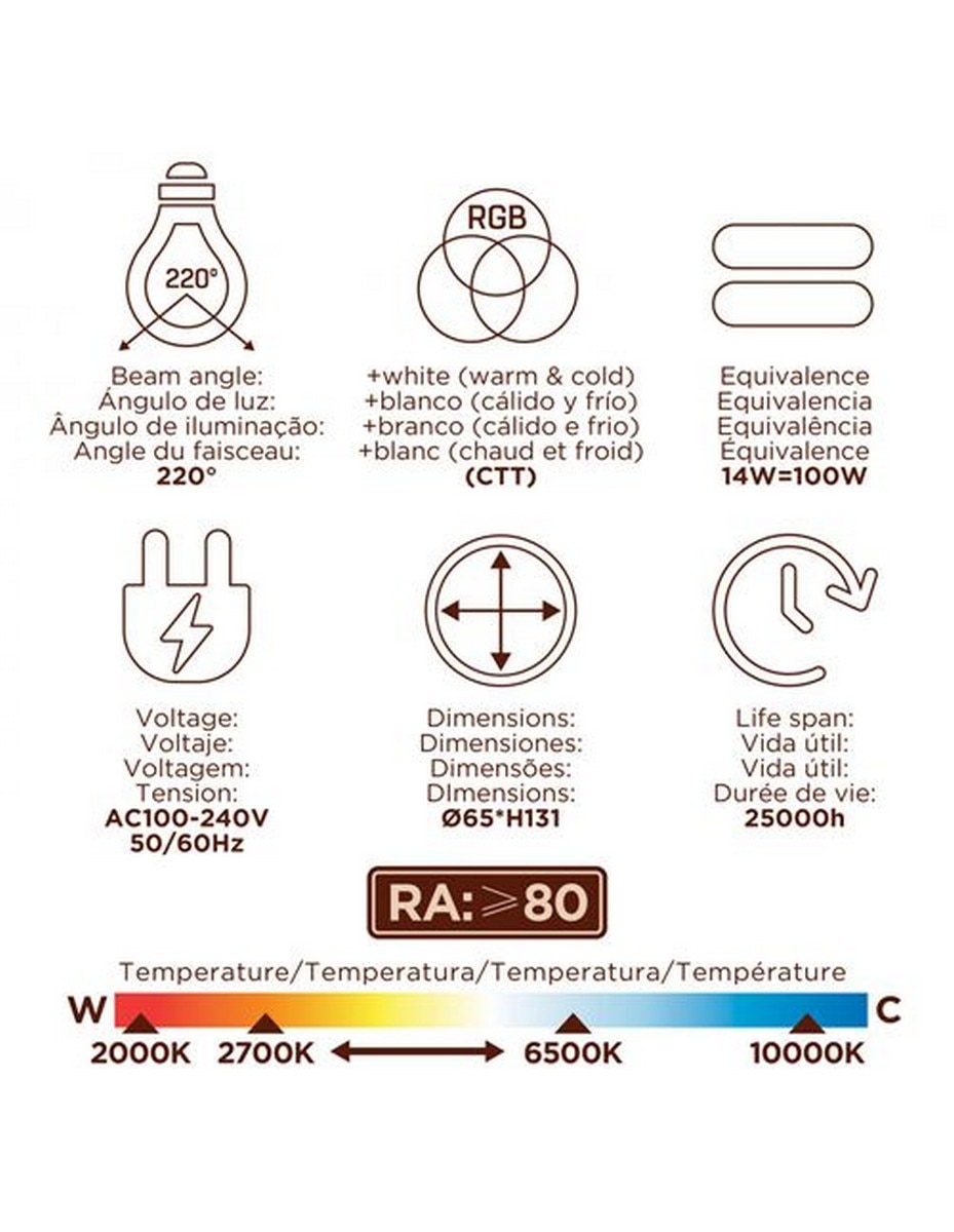 Lâmpada Inteligente Muvit A65 E27/14W/1400lm RGB 3