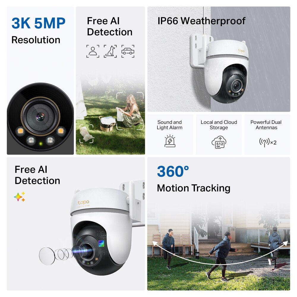 Câmara de Vigilância TP-Link TC43 Wi-Fi de 360 Graus para Exteriores com Visão 3K e Deteção IA Avançada Branco-5