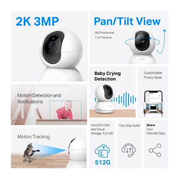 Câmara de Vigilância 360º Wi?Fi para Interior (Pack de 2), 2K 3 MP, Visão Noturna, Detecção IA Gratuita e Áudio Bidirecional Branco-2