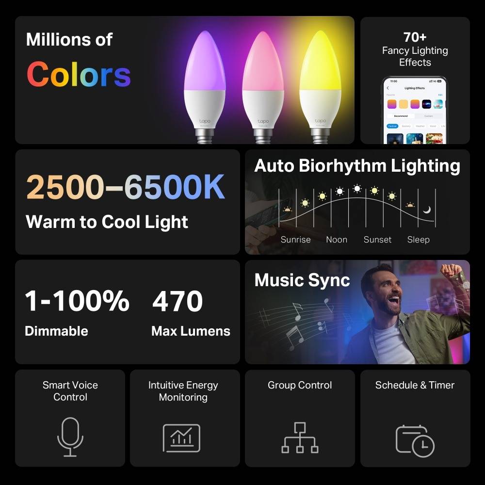 Lâmpada Inteligente TP-Link Smart Light Bulb Multicolor Tapo L430C 2500-6500K Wi-Fi - 2 Unidades 2